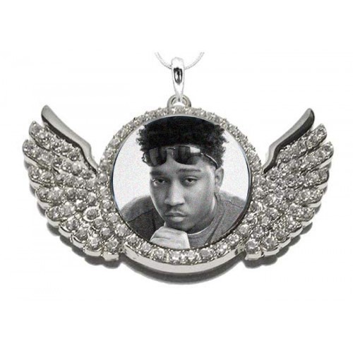 Personalized photo-engraved angel wings with sparkling stones 